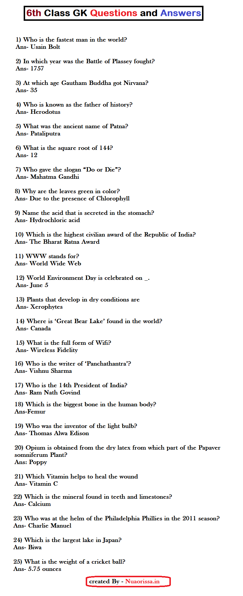 6th grade general knowledge questions and answers in English, GK Questions for Class 6 with Answers
